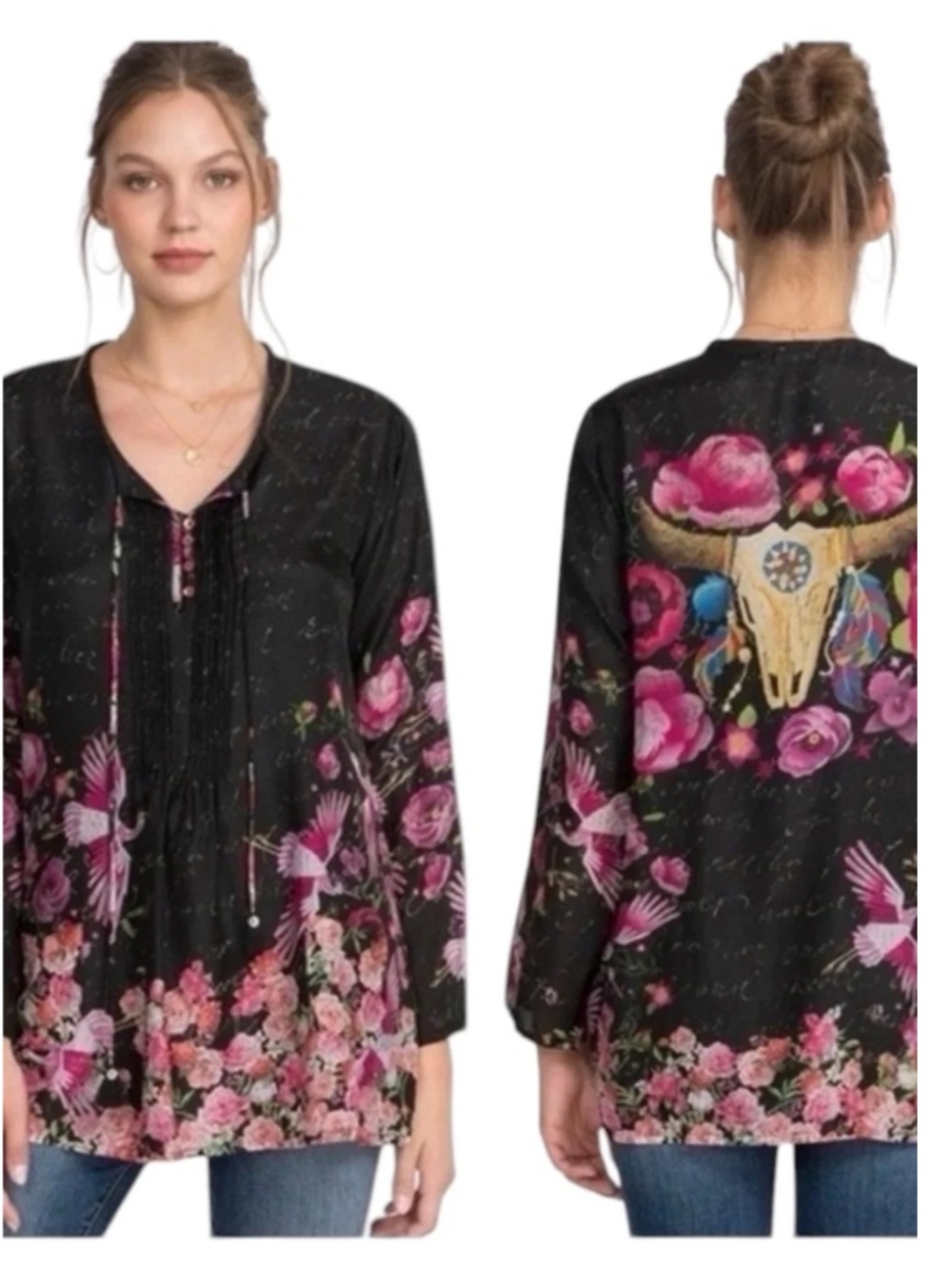 Johnny Was Nerissa 100%Silk Crane Rose Longhorn Skull Boho Tunic NWOT